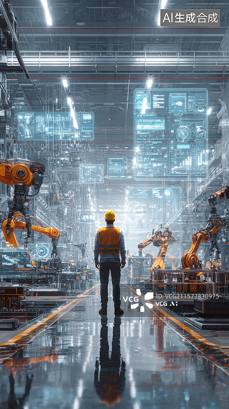 【AI数字艺术】未来工厂中的机器人与工人图片素材