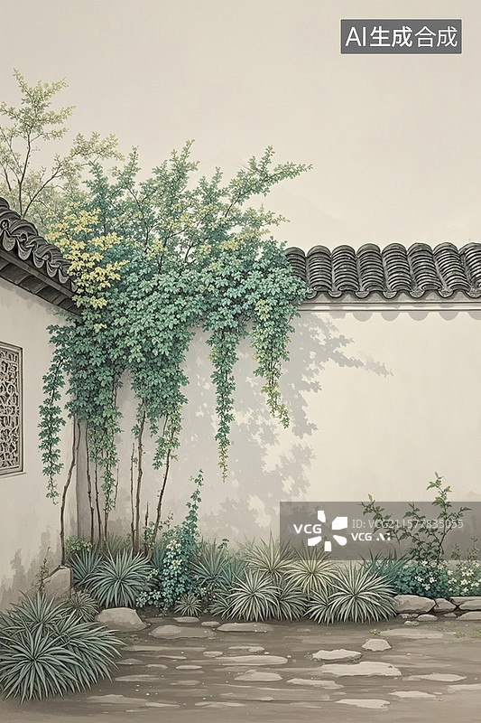 【AI数字艺术】江南小院，一堵高大的白墙，盖着灰色的瓦片，墙上垂下翠绿鲜亮的一片爬藤，极简，大面积模糊，古风。新工笔图片素材