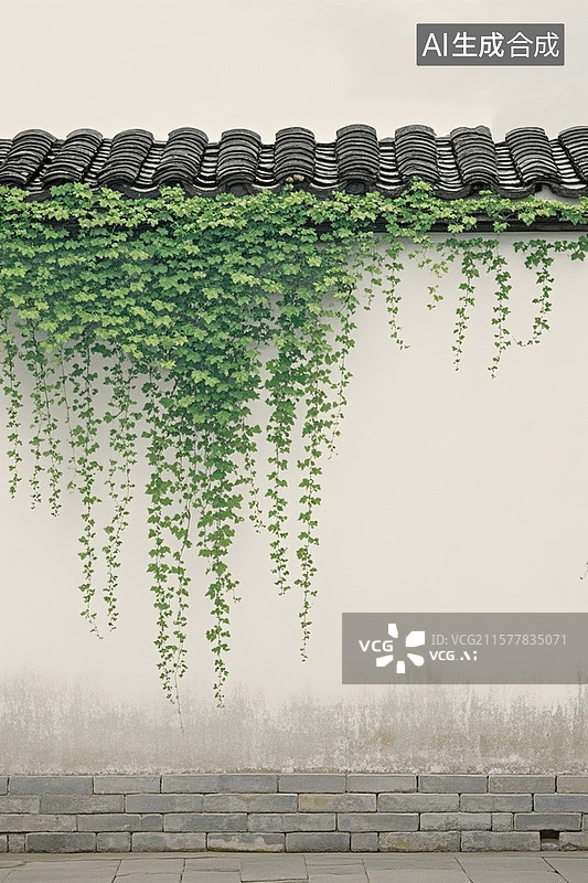 【AI数字艺术】江南小院，一堵高大的白墙，盖着灰色的瓦片，墙上垂下翠绿鲜亮的一片爬藤，极简，大面积模糊，古风。新工笔图片素材