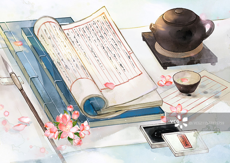 文房四宝读书品茶——国风水墨水彩小清新插画图片素材