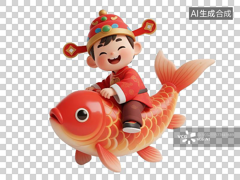 【AI数字艺术】可爱男孩穿着状元服骑红鲤鱼，免抠元素图片素材