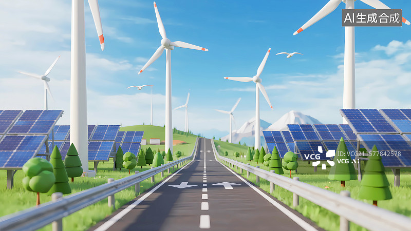 【AI数字艺术】道路两旁的风车和太阳能电池板图片素材