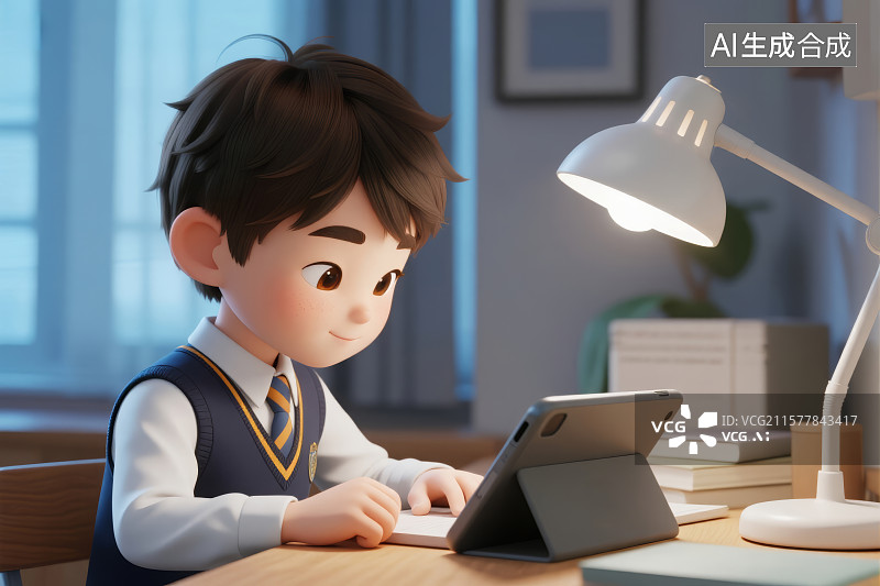 【AI数字艺术】小学生在台灯下用平板电脑上网课图片素材
