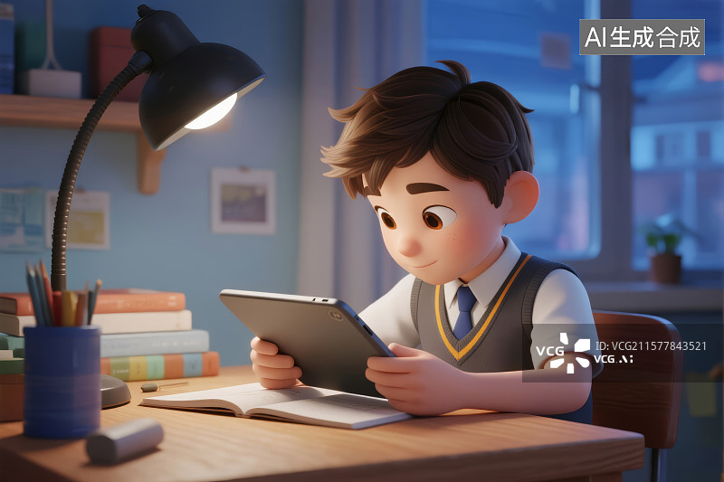 【AI数字艺术】小学生在台灯下用平板电脑上网课图片素材