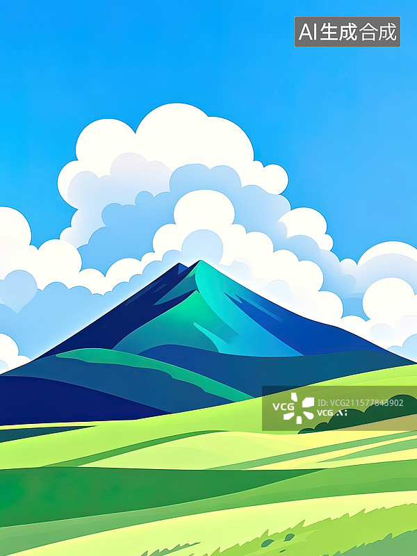 【AI数字艺术】夏日卡通风格的山水景观画面图片素材