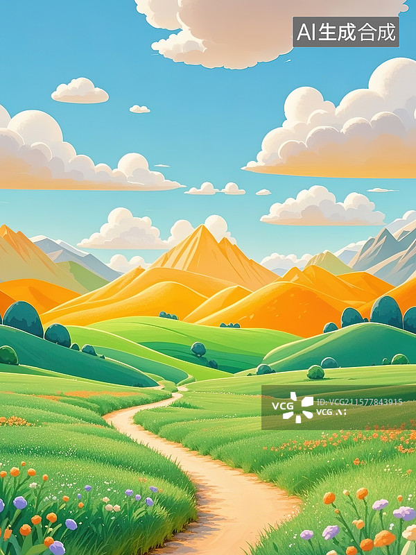 【AI数字艺术】夏日卡通风格的山水景观画面图片素材