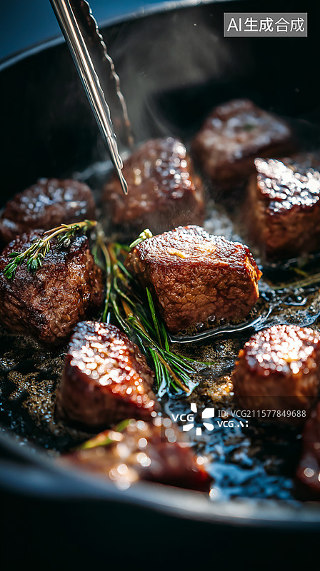 【AI数字艺术】煎锅里香煎的小牛肉块图片素材