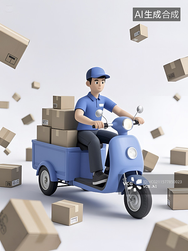 【AI数字艺术】骑着蓝色电动车送货的快递员图片素材