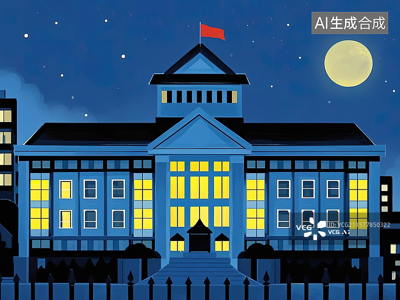 【AI数字艺术】卡通绘本风格的夜晚政府机关画面图片素材