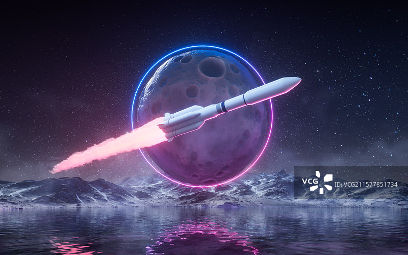 超现实太空星球与火箭三维渲染图片素材
