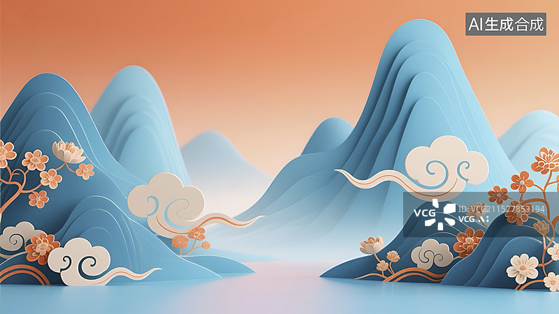 【AI数字艺术】蓝橙色调中式山水风景插画图片素材