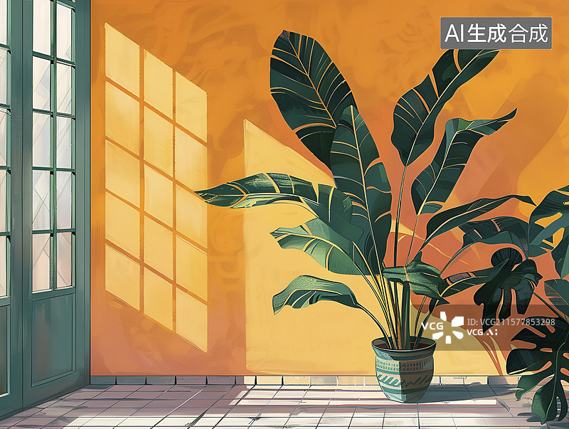 【AI数字艺术】室内窗边的热带植物插画图片素材