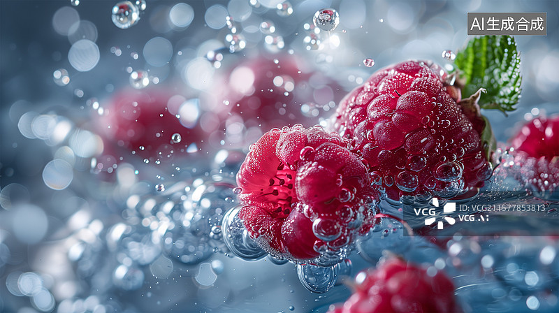 【AI数字艺术】湿红浆果覆盆子特写镜头图片素材