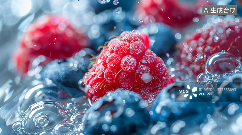 【AI数字艺术】草莓和蓝莓气泡水里特写图片素材