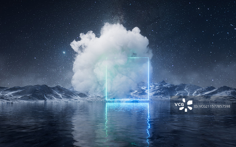 水面上的烟雾与霓虹发光线条三维渲染图片素材