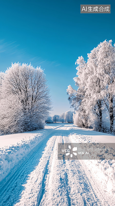 【AI数字艺术】冬天雪山户外公路雪地道路竖版壁纸图片素材