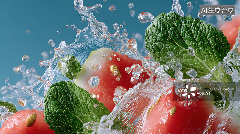 【AI数字艺术】新鲜草莓与薄荷在水花中的特写图片素材