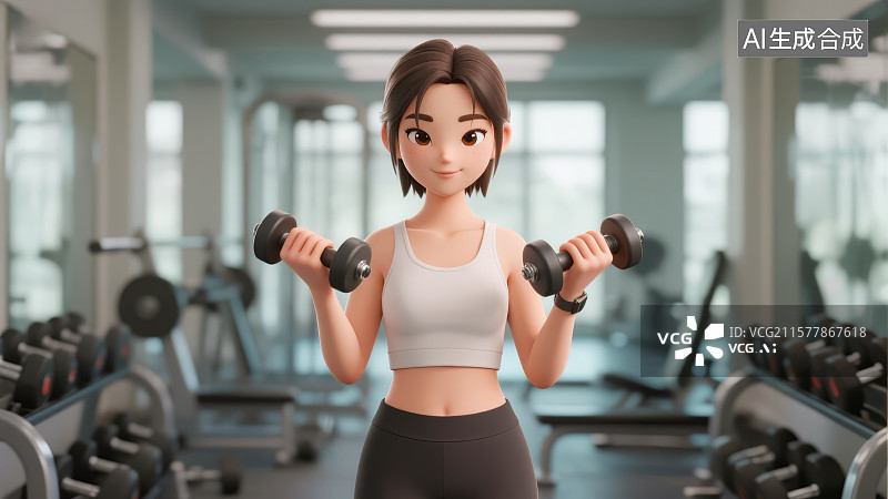 【AI数字艺术】健身房里，一个阳光的运动健身年轻女性，3D卡通图片素材