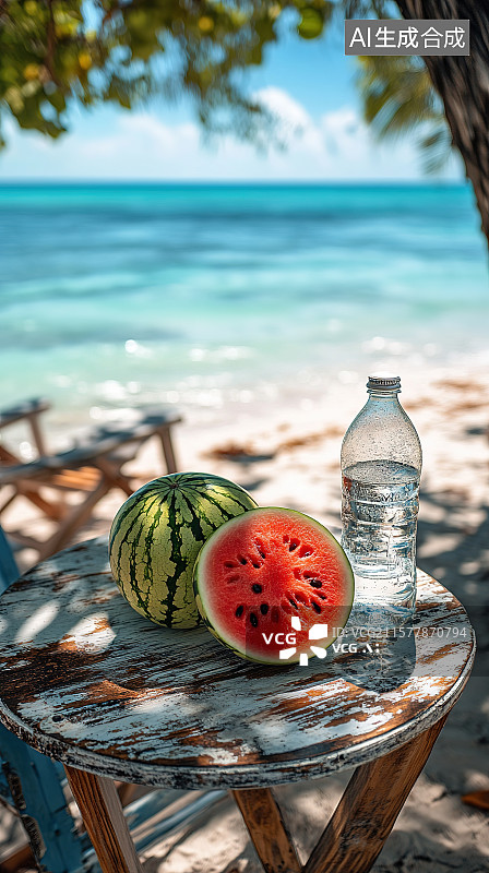 【AI数字艺术】夏天海滩度假沙滩椅冰爽清凉的西瓜切块清凉背景图片素材