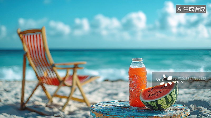 【AI数字艺术】夏天海滩度假沙滩椅冰爽清凉的西瓜切块清凉背景图片素材