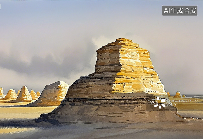 【AI数字艺术】水彩风格的雅丹地貌画面图片素材