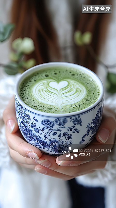 【AI数字艺术】夏天清凉饮料海报一杯青花瓷杯抹茶拿铁冰饮图片素材