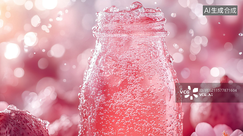 【AI数字艺术】夏天清凉水果饮料海报一瓶粉色荔枝汽水图片素材