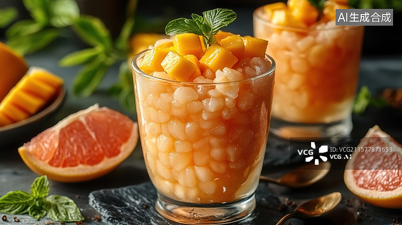【AI数字艺术】夏天清凉水果饮料海报一杯芒果杨枝甘露水果冰点图片素材