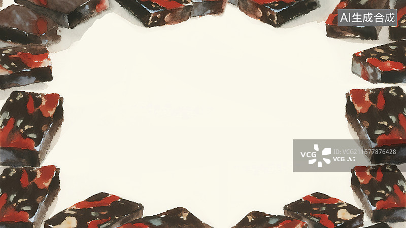 【AI数字艺术】复古中国风水墨画环绕背景，红糖阿胶膏 驴皮胶补血养阴中国画工笔没骨画中医药材天然补品名贵食材配图角图图片素材