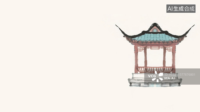【AI数字艺术】复古中国风水墨画居右背景，水上回廊游廊水榭镂空凉亭青绿色琉璃瓦新国风中式江南园林景观建筑国画毛笔写意图片素材