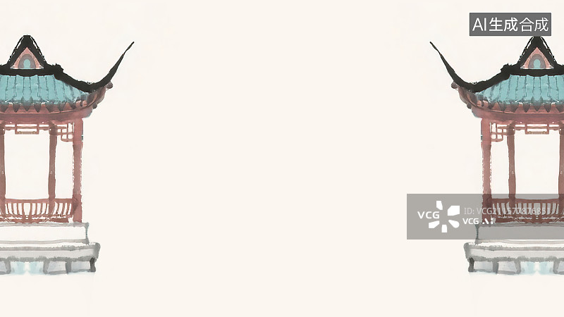 【AI数字艺术】复古中国风水墨画两侧背景，水上回廊游廊水榭镂空凉亭青绿色琉璃瓦新国风中式江南园林景观建筑国画毛笔写意图片素材