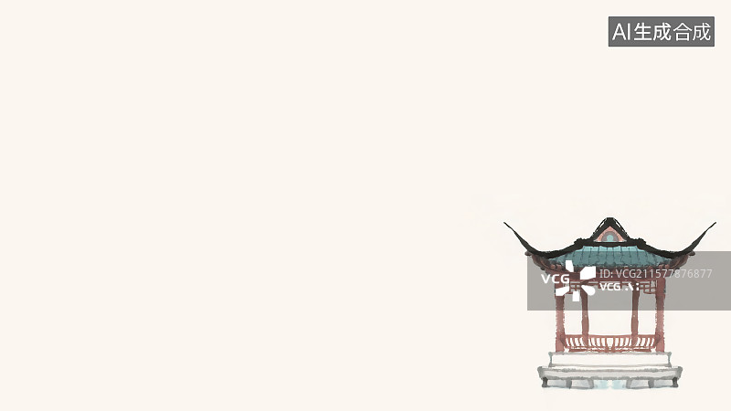 【AI数字艺术】复古中国风水墨画右下背景，水上回廊游廊水榭镂空凉亭青绿色琉璃瓦新国风中式江南园林景观建筑国画毛笔写意图片素材