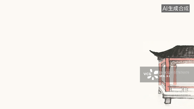 【AI数字艺术】复古中国风水墨画右下背景，水上回廊游廊水榭镂空凉亭新国风中式江南园林景观建筑中国画工笔没骨画写意画图片素材