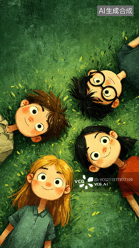 【AI数字艺术】草地上的四个孩子仰望天空图片素材