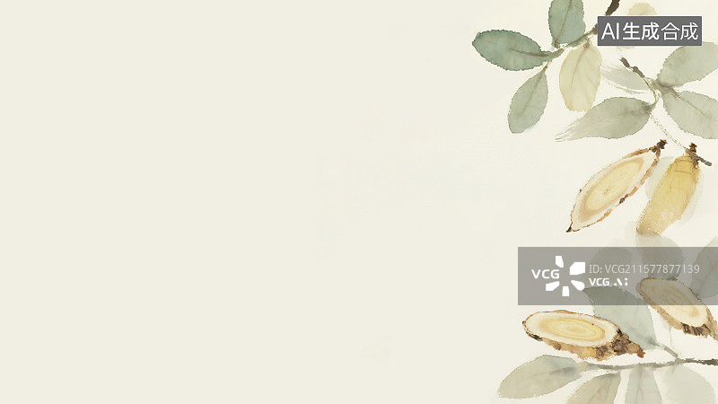 【AI数字艺术】复古中国风水墨画居右背景，黄芪补气升阳中国画工笔没骨画中医药材天然草本装饰画印花图案自然科普配图角图图片素材