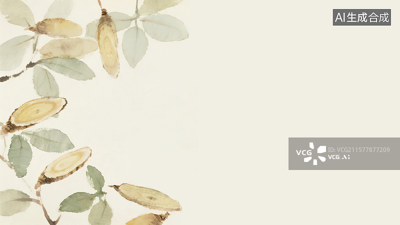 【AI数字艺术】复古中国风水墨画居左背景，黄芪补气升阳中国画工笔没骨画中医药材天然草本装饰画印花图案自然科普配图角图图片素材