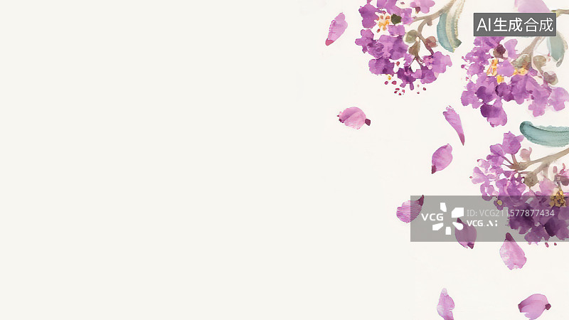 【AI数字艺术】复古中国风水墨画居右背景，紫薇花中国画工笔没骨画十二花神8月令代表花朝节百花传说季节时令淡雅藕荷色图片素材