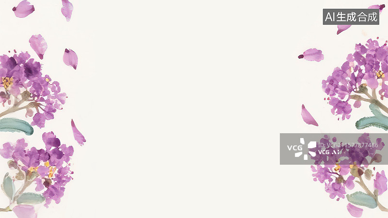 【AI数字艺术】复古中国风水墨画两侧背景，紫薇花中国画工笔没骨画十二花神8月令代表花朝节百花传说季节时令淡雅藕荷色图片素材