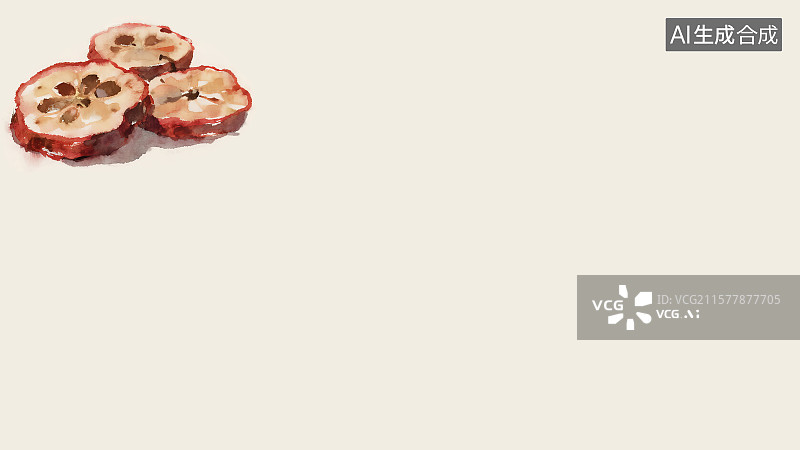 【AI数字艺术】复古中国风水墨画左上背景，干山楂片消食健胃中国画工笔没骨画中医药材天然草本装饰画印花图案角图科普配图图片素材