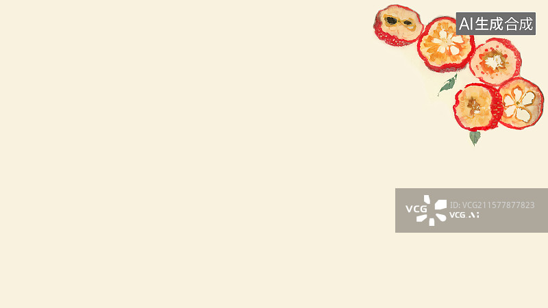 【AI数字艺术】复古中国风水墨画右上背景，干山楂片消食健胃中国画工笔没骨画中医药材天然草本装饰画印花图案角图科普配图图片素材