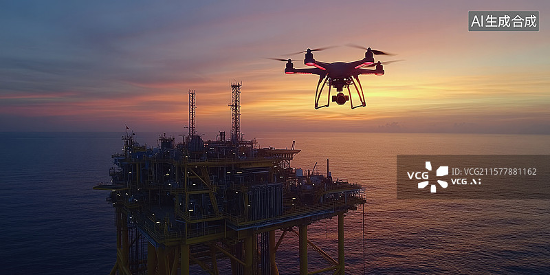 【AI数字艺术】日落时分无人机航拍检查海上石油平台工业勘探技术低空经济能源行业质量控制科技进步创意商业背景图片素材