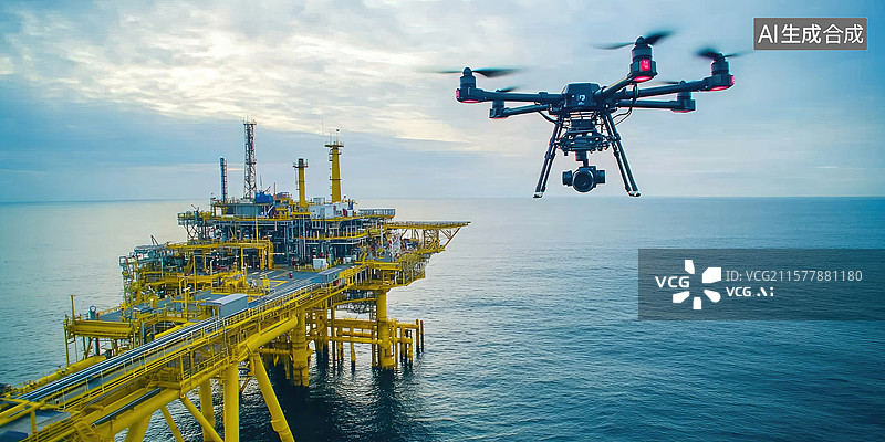 【AI数字艺术】日落时分无人机航拍检查海上石油平台工业勘探技术低空经济能源行业质量控制科技进步创意商业背景图片素材
