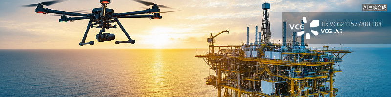 【AI数字艺术】日落时分无人机航拍检查海上石油平台工业勘探技术低空经济能源行业质量控制科技进步创意商业背景图片素材
