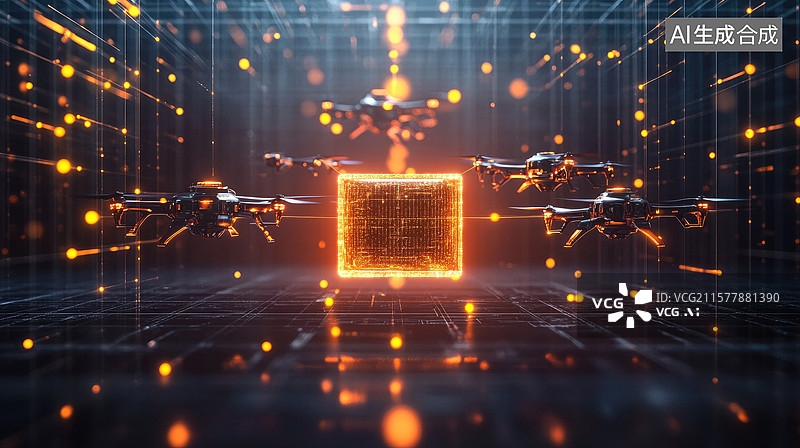 【AI数字艺术】未来无人机抽象技术低空经济全息连接创意商业背景激光网格和立方体核心科技创新人工智能经济图片素材