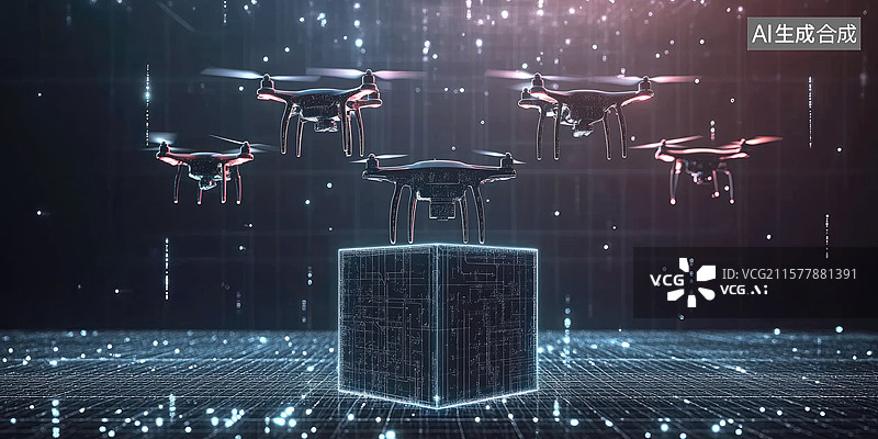 【AI数字艺术】未来无人机抽象技术低空经济全息连接创意商业背景激光网格和立方体核心科技创新人工智能经济图片素材
