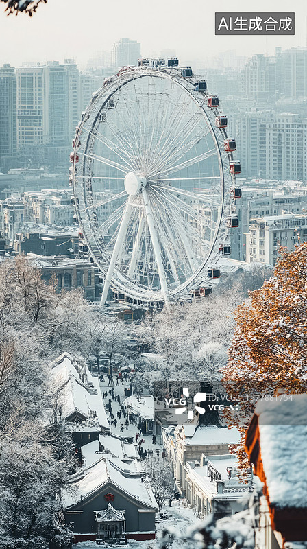 【AI数字艺术】壮观冰雪摩天轮的鸟瞰图冬季仙境城市景观现代建筑与雪桥交相辉映节气旅游海报季节性活动节日背景图片素材