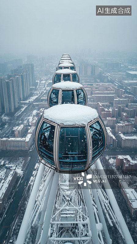【AI数字艺术】壮观冰雪摩天轮的鸟瞰图冬季仙境城市景观现代建筑与雪桥交相辉映节气旅游海报季节性活动节日背景图片素材