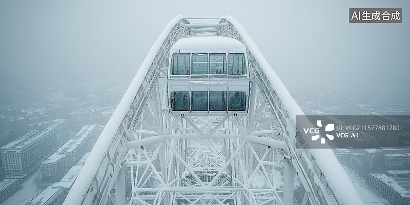 【AI数字艺术】壮观冰雪摩天轮的鸟瞰图冬季仙境城市景观现代建筑与雪桥交相辉映节气旅游海报季节性活动节日背景图片素材