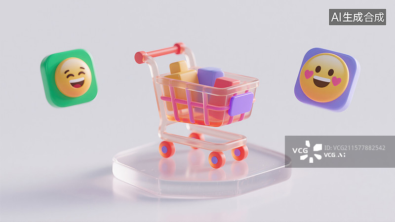 【AI数字艺术】3D购物车图标未来感电商符号促销购物节灰色背景亚克力模型表情包科技广告财务报告数字设计图片素材