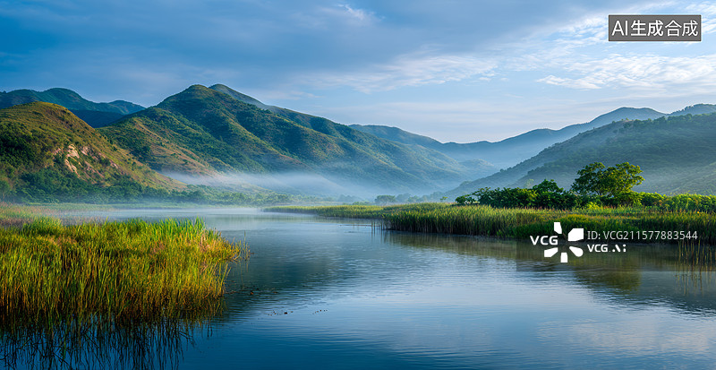 【AI数字艺术】山间静谧湖光图片素材